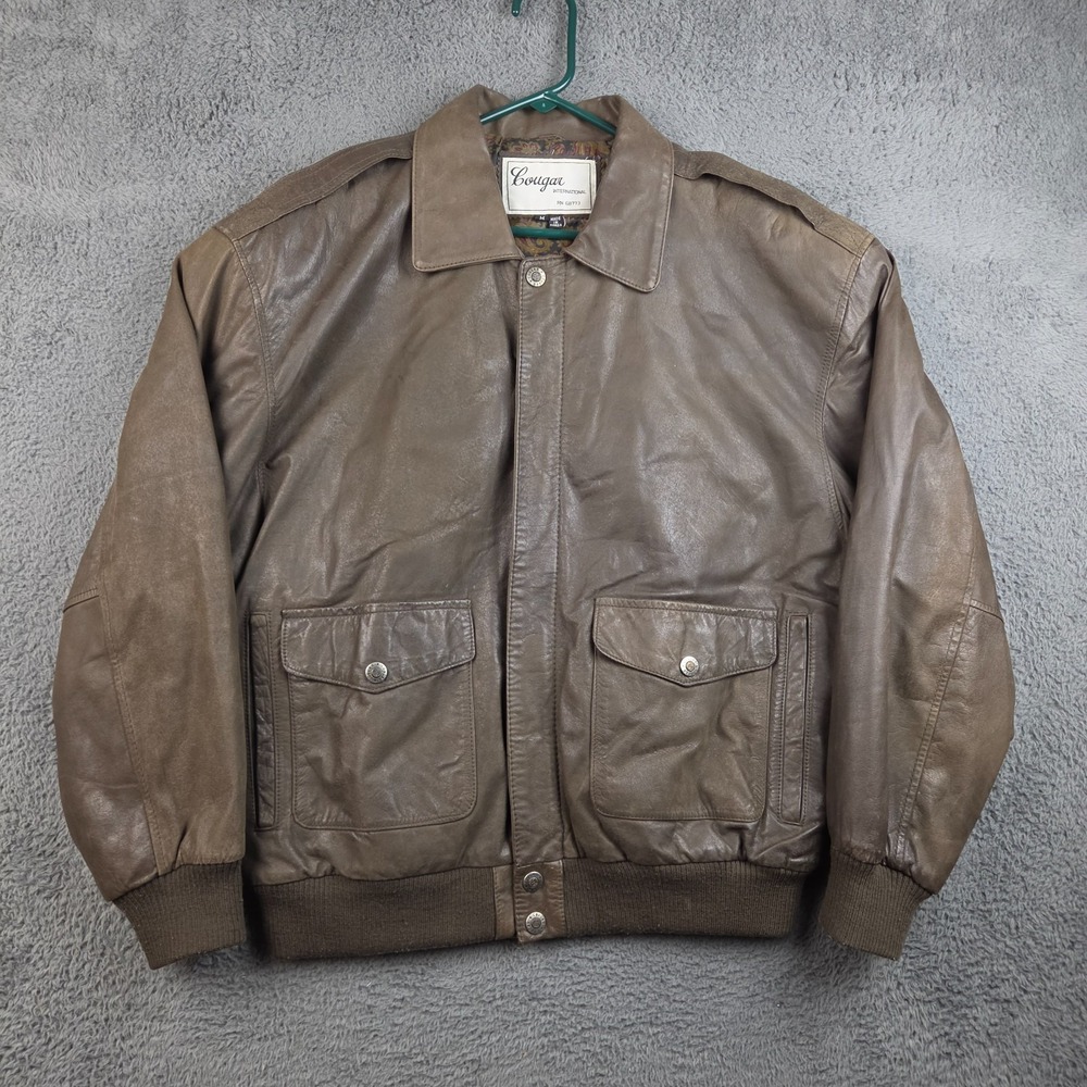 Vintage Cougar International Leather Jacket Men's Medium Brown 90s Lined Bomber